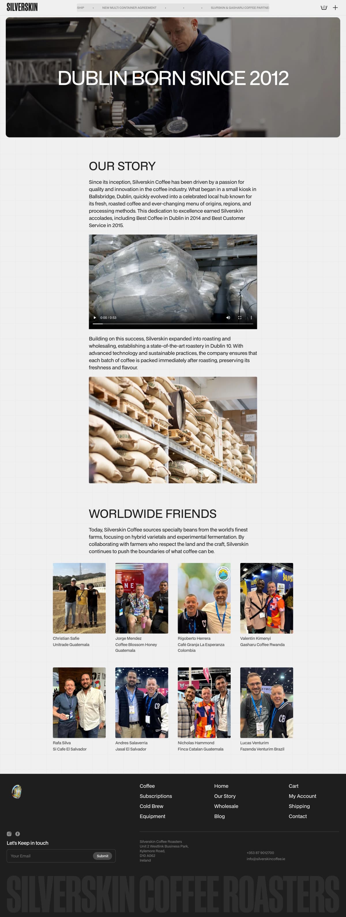 Silverskin Our Story page, with a roaster at work beneath the headline Dublin Born Since 2012