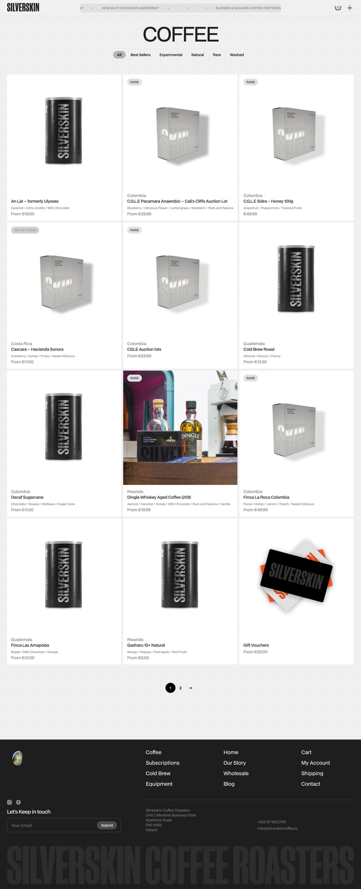 Silverskin coffee catalogue with category filters, coffee tins, and boxed specialty coffees