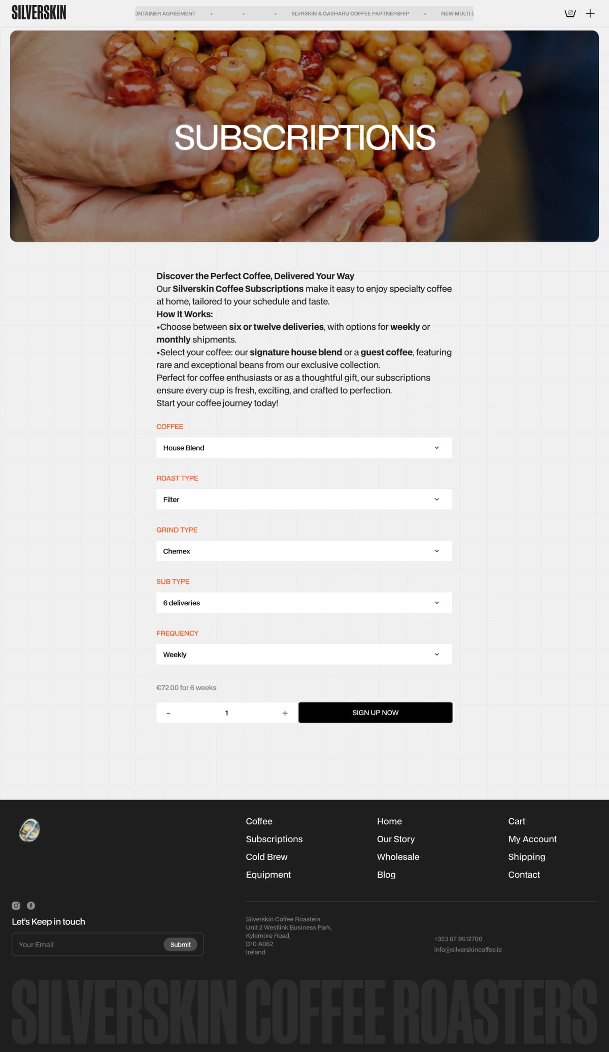Silverskin subscription page with coffee, roast, grind, delivery count, and frequency selectors
