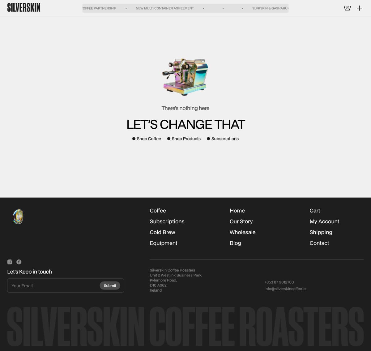Silverskin empty cart with an iridescent espresso machine and links back to the shop